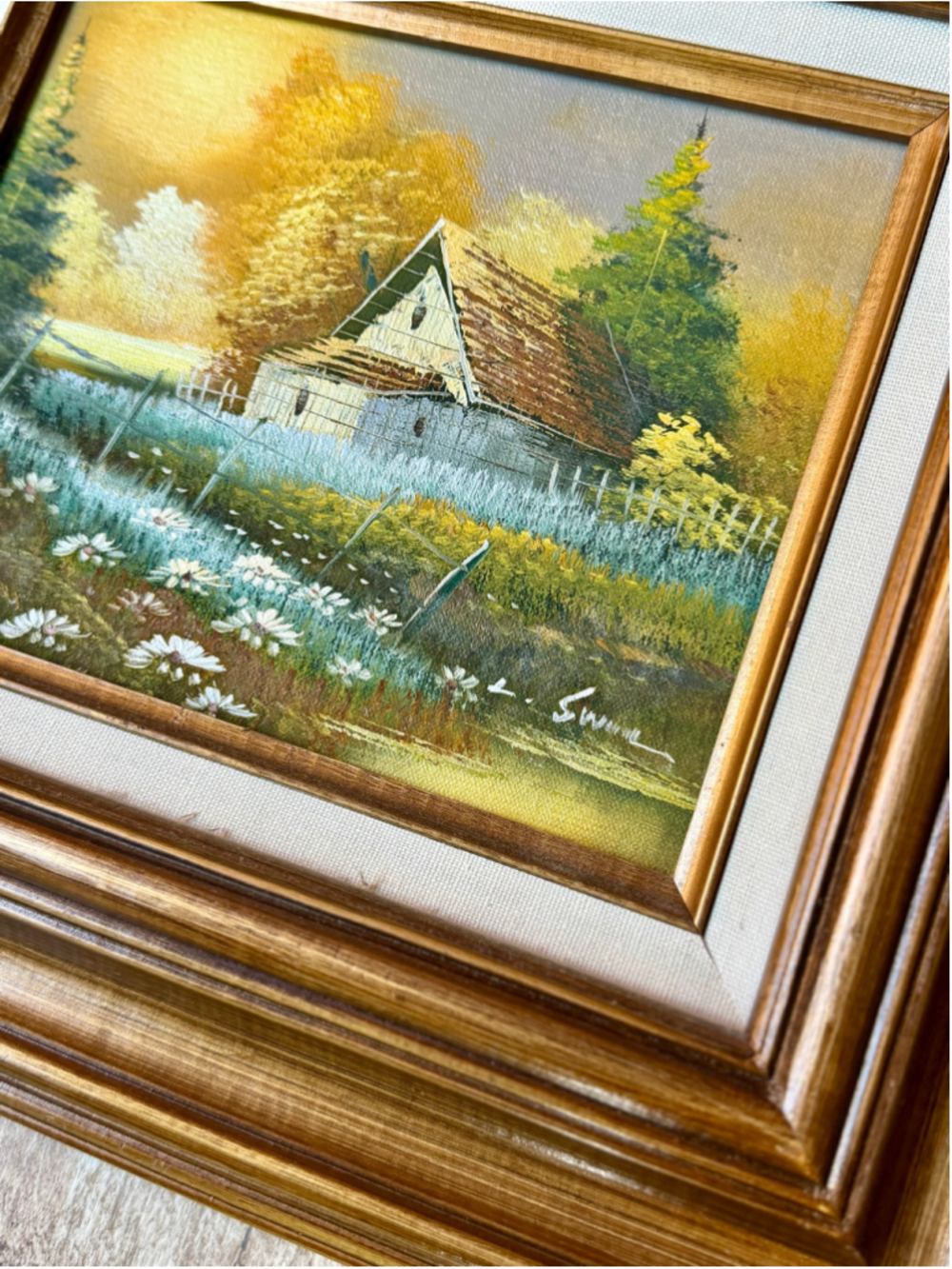 Vintage Framed Landscape Oil Painting Country Cabin Daisy Field Signed - Picture 2 of 3